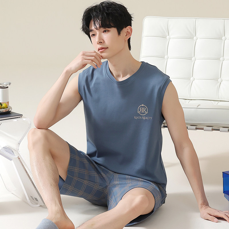 夏季男士冰丝背心睡衣套装莫代尔家居服无袖夏天大码薄款格子运动