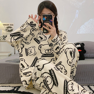 睡衣女纯棉可爱学生韩版 长袖 春秋季 大码 冬夏家居服 长裤 可外穿套装