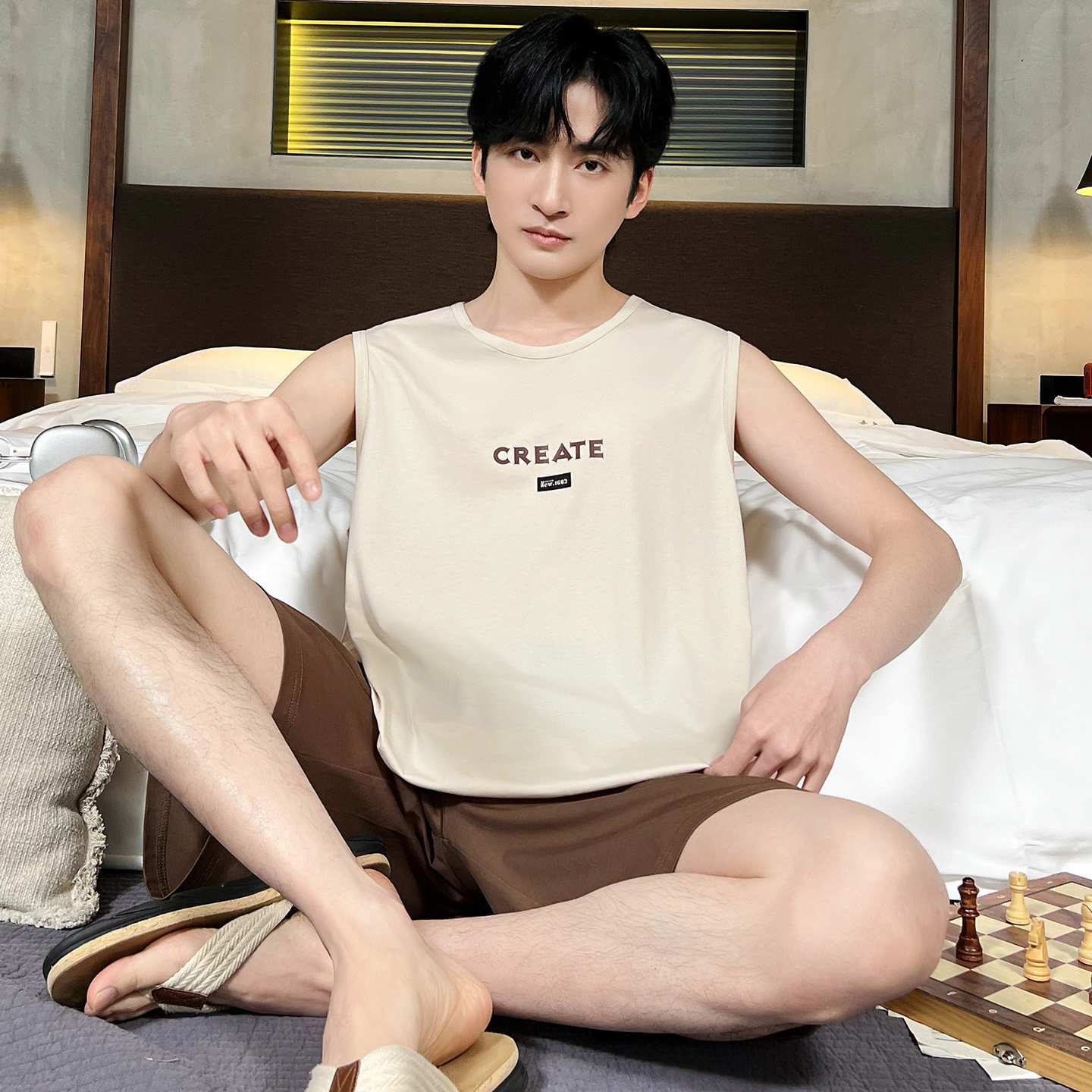 100%纯棉睡衣套装男士全棉夏背心
