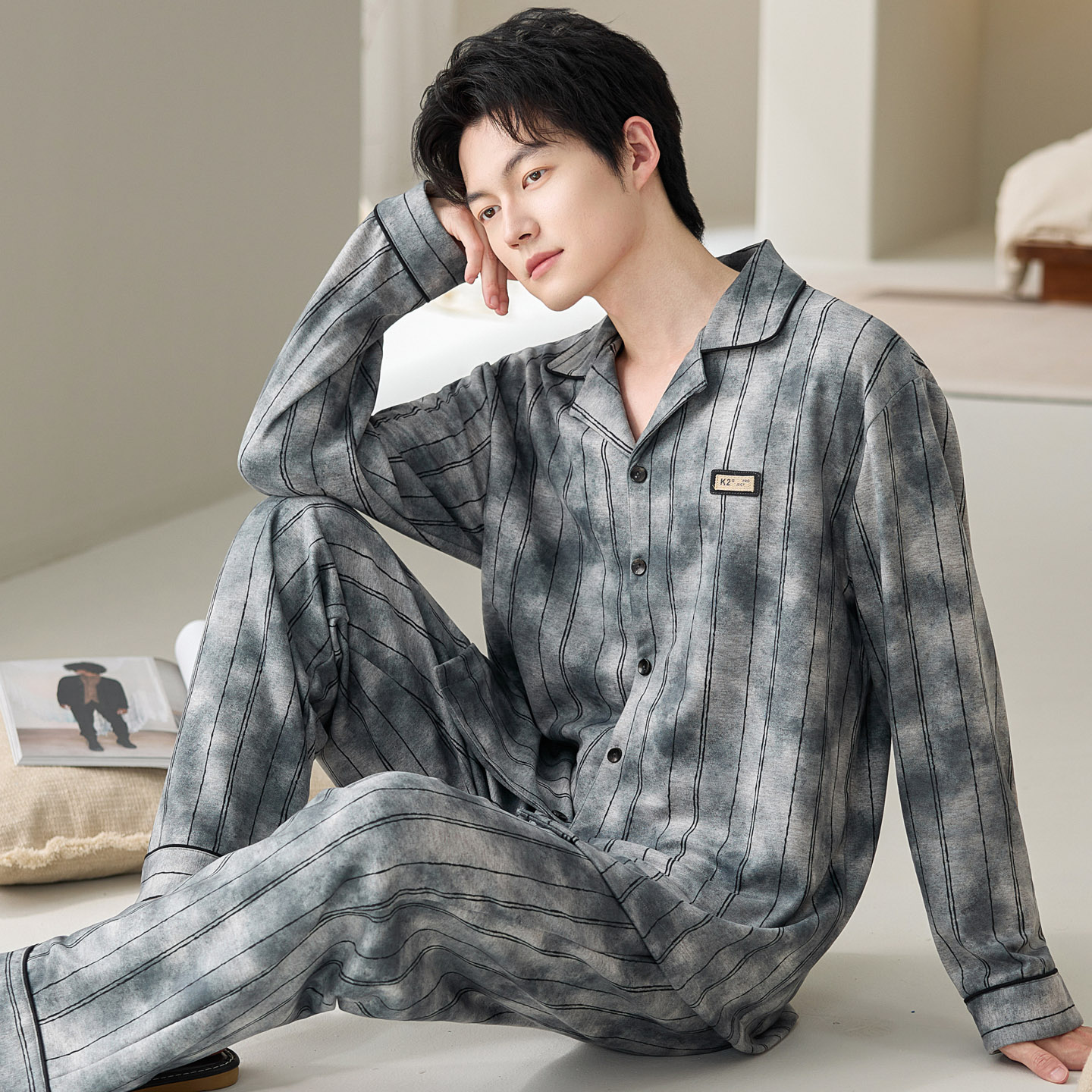 长袖睡衣套装男士羊毛蚕丝德绒