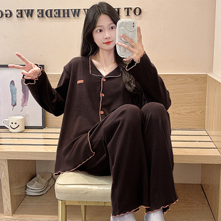 女款开衫式春秋冬季德绒韩版睡衣保暖长袖加绒加厚套装运动家居服
