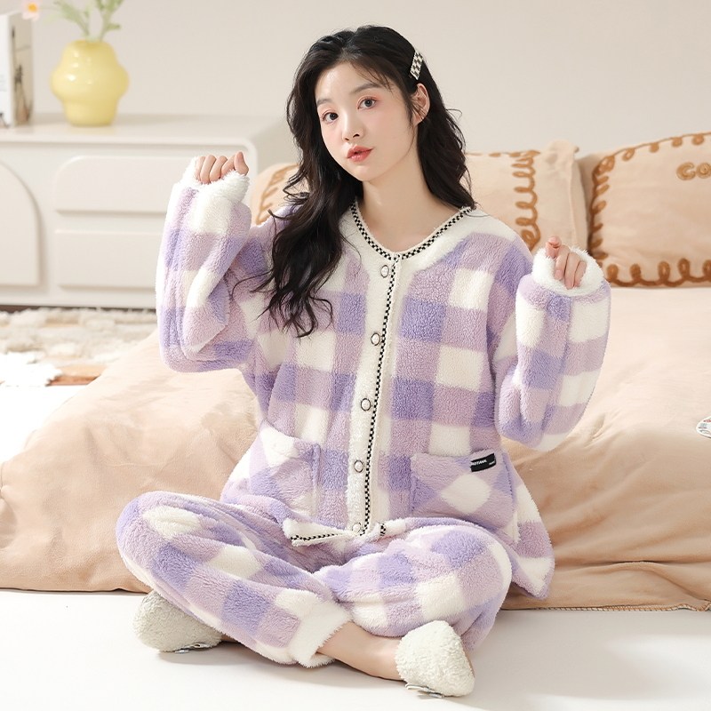 加绒加厚长袖睡衣套装女