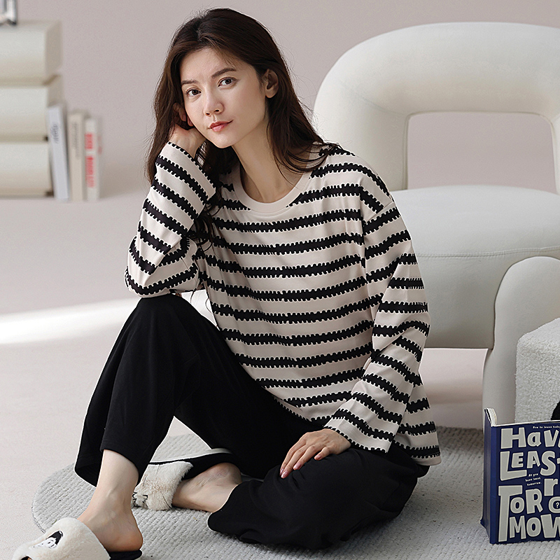 长袖睡衣套装条纹夏冬天100%纯棉