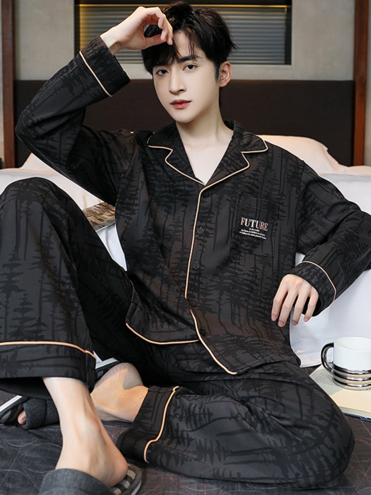 PAJAMAS MENS COTTON SPRING AND AUTUMN PLUS SIZE LOOSE CASUAL LONG SLEEVE SUIT CARDIGAN CAN BE WORN OVER SUMMER AND WINTER LOUNGEWEAR