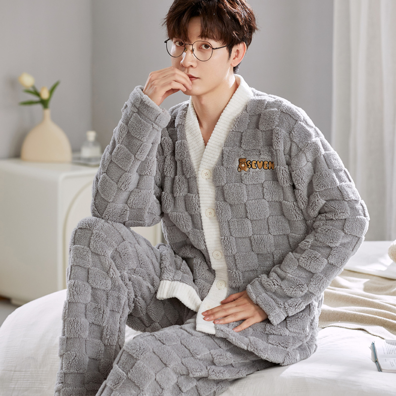 和服珊瑚绒睡衣套装男士开衫春天