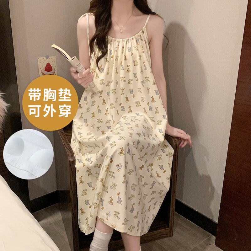夏季吊带睡裙女士自带胸垫一体家居服睡衣中款无袖可外穿休闲卡通