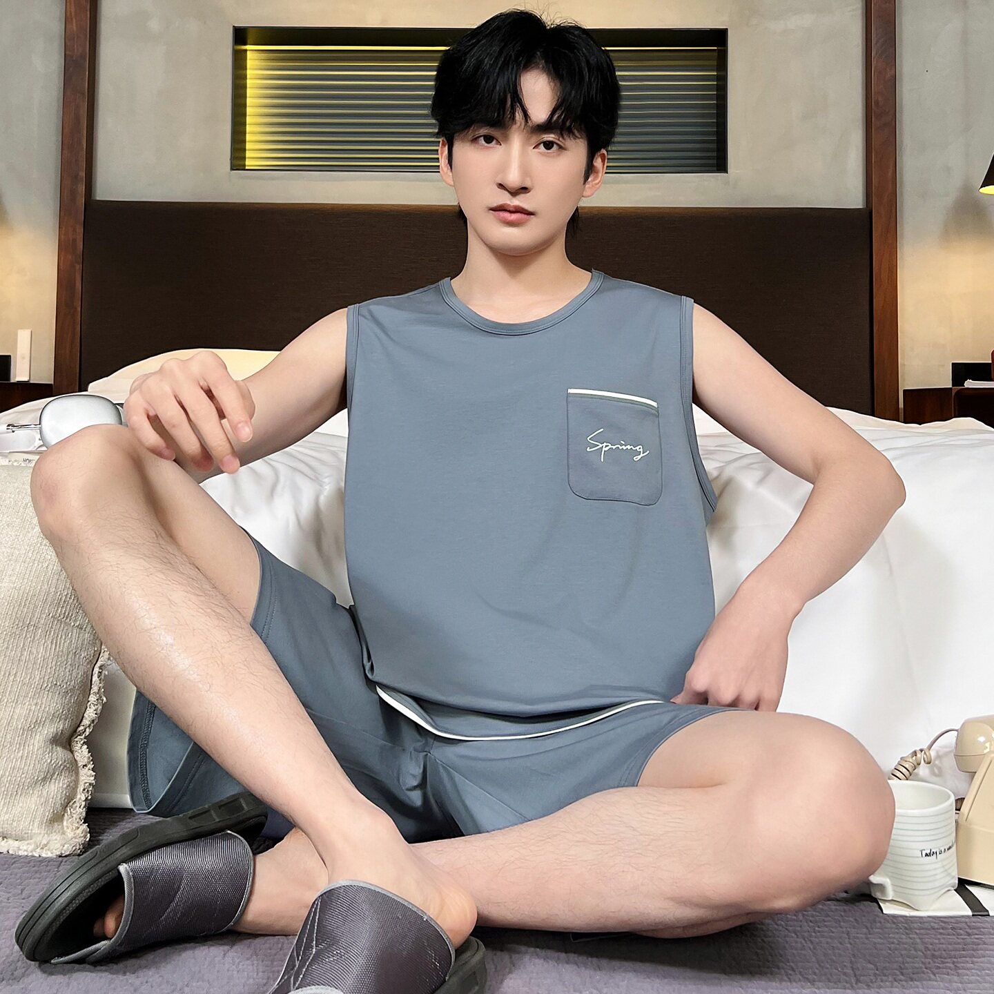 100%纯棉睡衣套装男士全棉夏背心