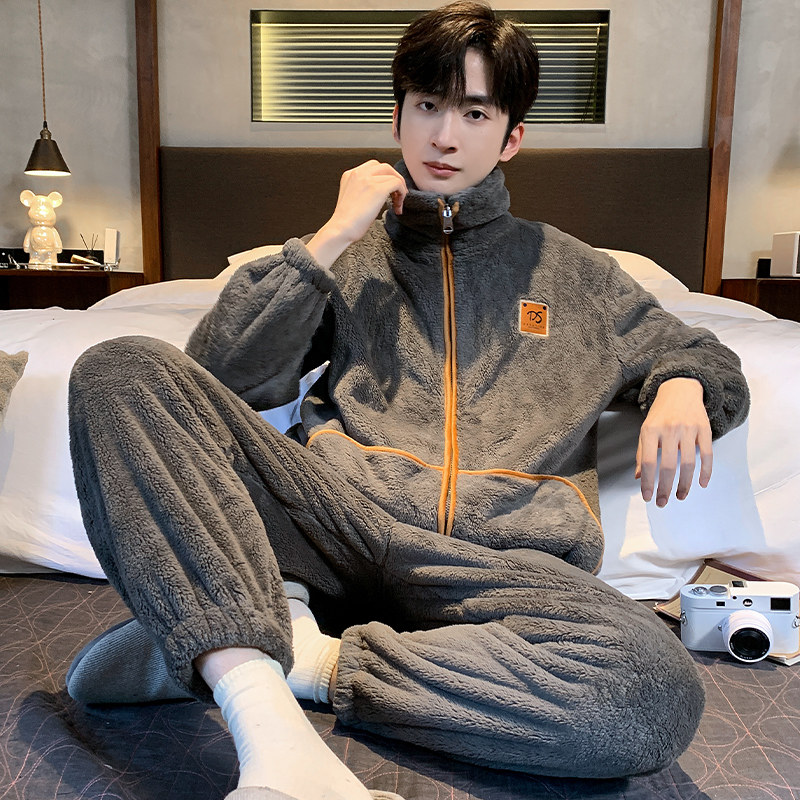 秋冬季拉链法兰绒睡衣套装男士加绒加厚珊瑚绒家居服保暖大码运动