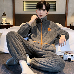 秋冬季拉链法兰绒睡衣套装男士加绒加厚珊瑚绒家居服保暖大码运动