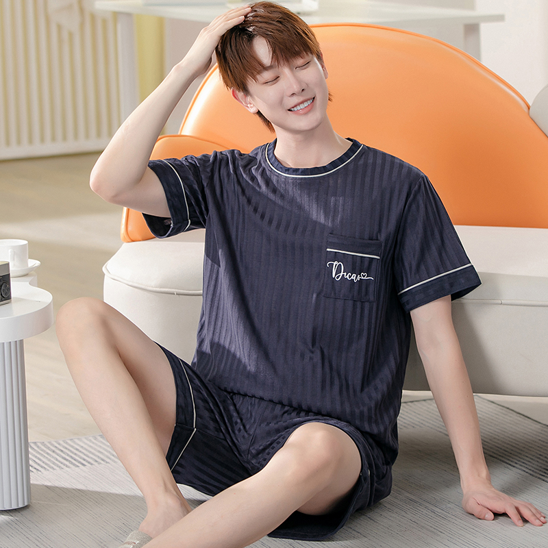 男士短袖睡衣套装夏季棉加肥加大码家居服薄款夏天可外穿运动韩版