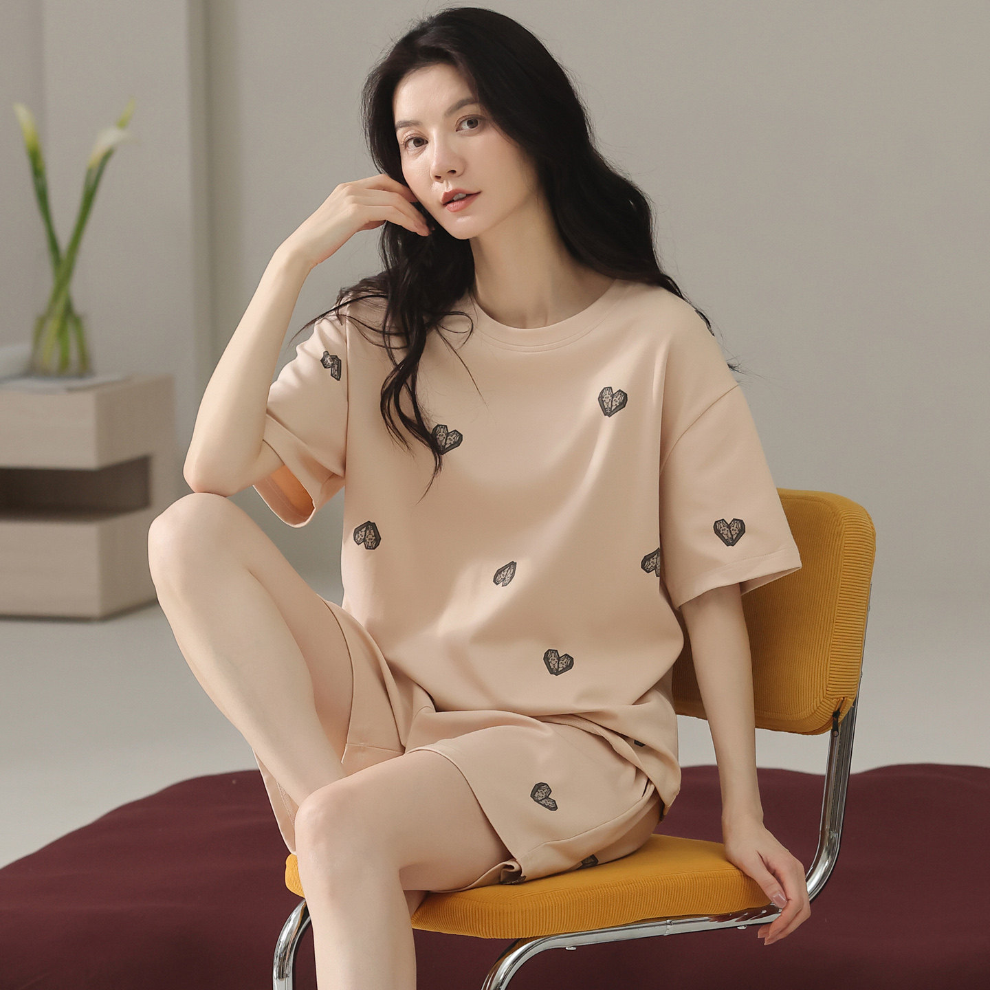100%纯棉睡衣套装女士夏季全棉短袖家居服可外穿夏天薄款爱心运动