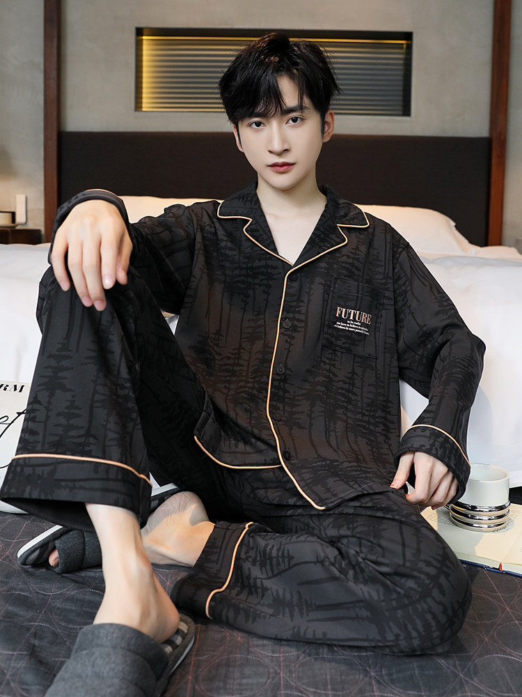 PAJAMAS MENS COTTON SPRING AND AUTUMN PLUS SIZE LOOSE CASUAL LONG SLEEVE SUIT CARDIGAN CAN BE WORN OVER SUMMER AND WINTER LOUNGEWEAR
