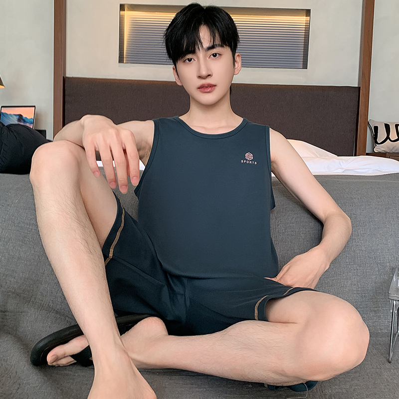 夏季背心睡衣套装男士家居服无袖大码可外穿韩版休闲薄款运动学生