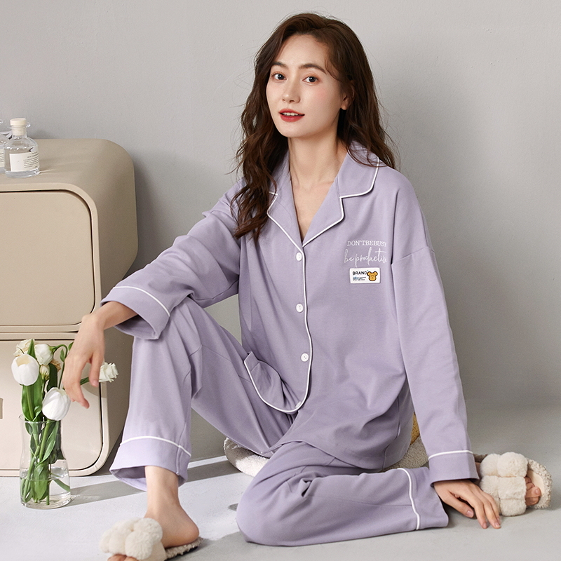 春秋季长袖睡衣套装女士夏冬天