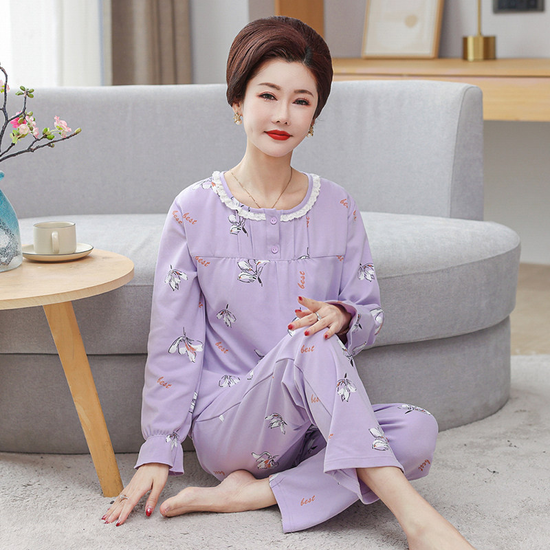 春秋季长袖中老年睡衣套装中年妈妈女士大码家居服薄款宽松夏冬天