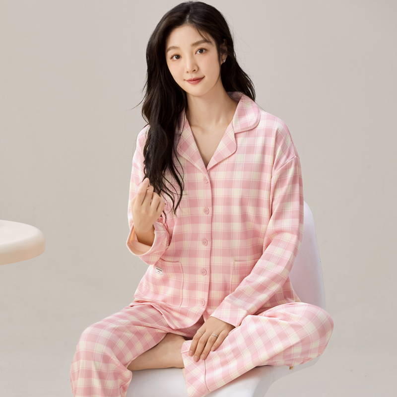 长袖格子睡衣套装女夏冬天可外穿
