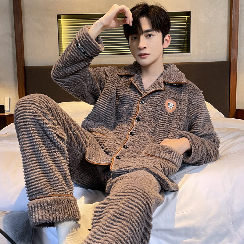 开衫睡衣套装加绒加厚男士珊瑚绒
