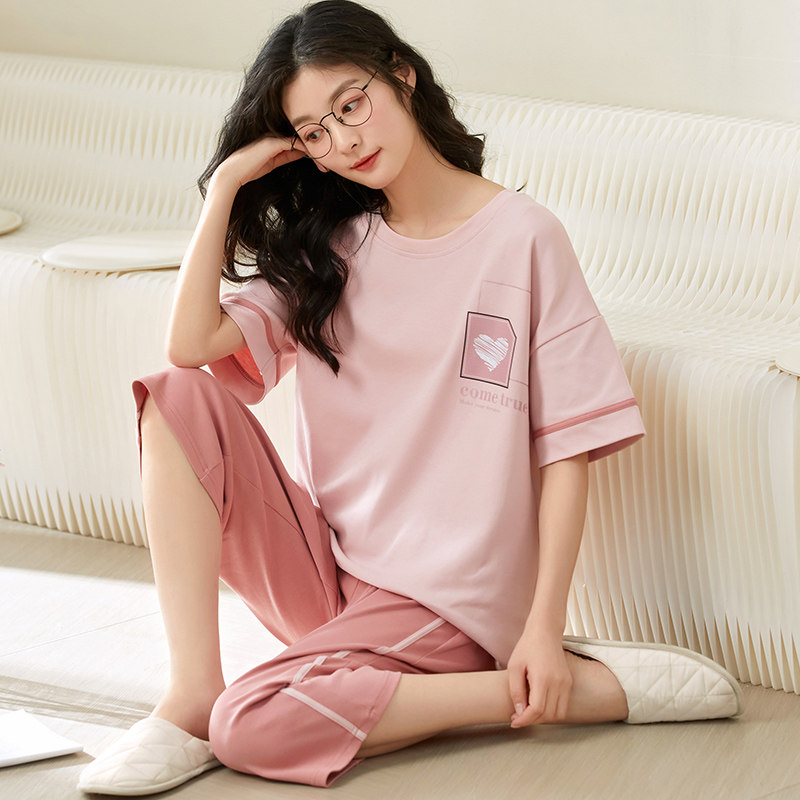 简约宽松大码卡通七分裤夏天夏季女士睡衣套装薄款短袖家居服