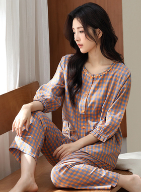 夏季格子七分袖睡衣套装女云朵棉大码九分裤大码家居服春秋天开衫