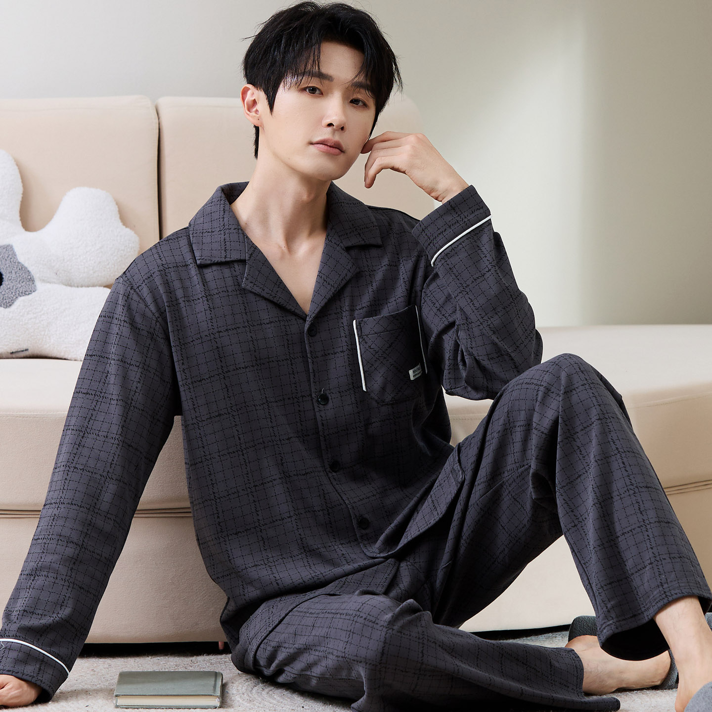 100%纯棉男士睡衣长袖开衫家居服