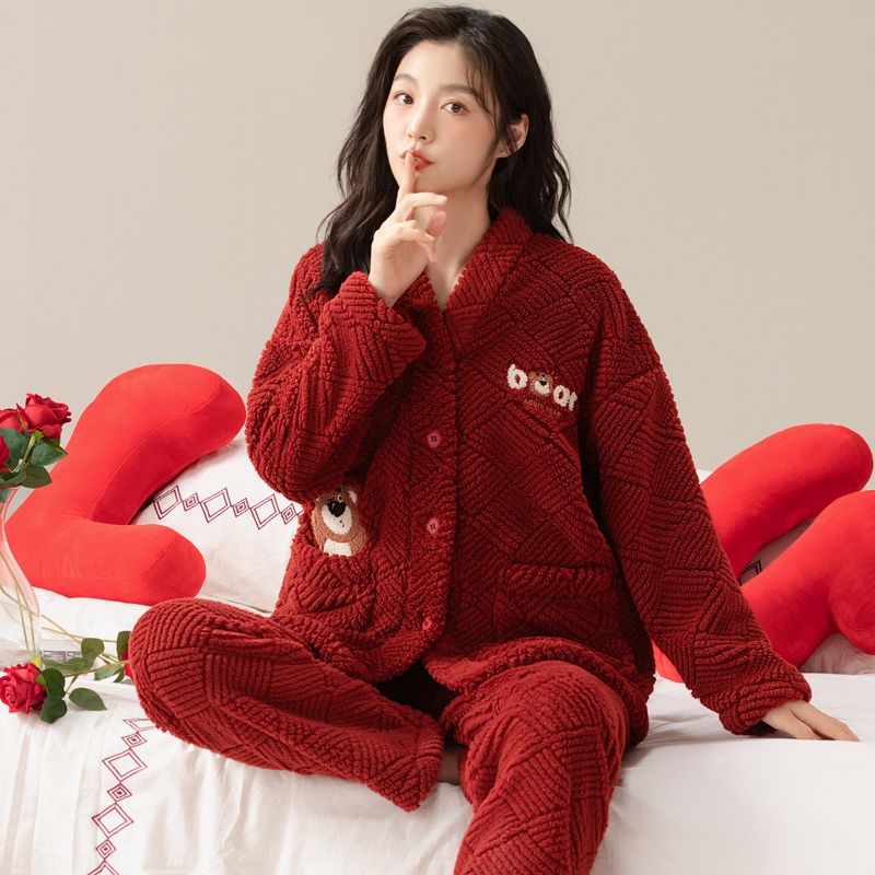 本命年睡衣套装女红色结婚珊瑚绒