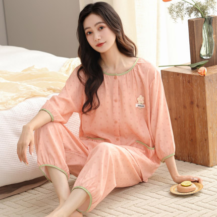夏季七分袖睡衣套装家居服女士云朵大码春秋天九分裤开衫韩版休闲