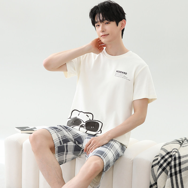 夏季男士短袖睡衣套装薄款夏天棉大码家居服格子可外穿韩版青少年