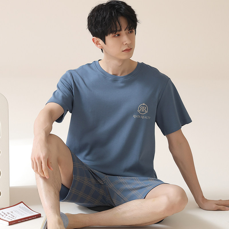 格子男士可外穿夏天夏季睡衣套装莫代尔冰丝短袖家居服加肥加大码