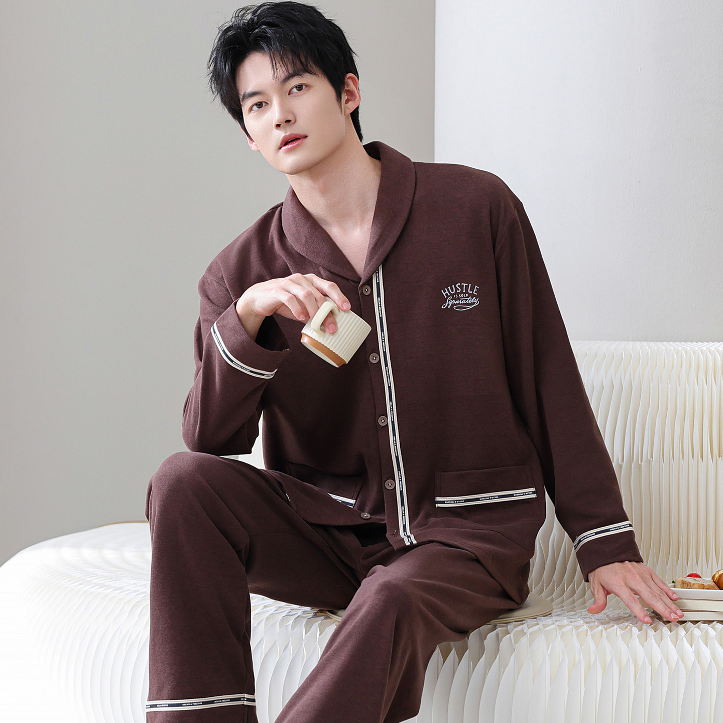 长袖睡衣套装男加厚开衫运动保暖