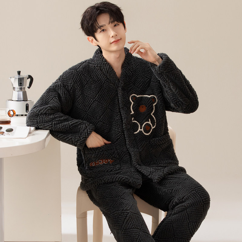 男士保暖睡衣套装开衫和服法兰绒