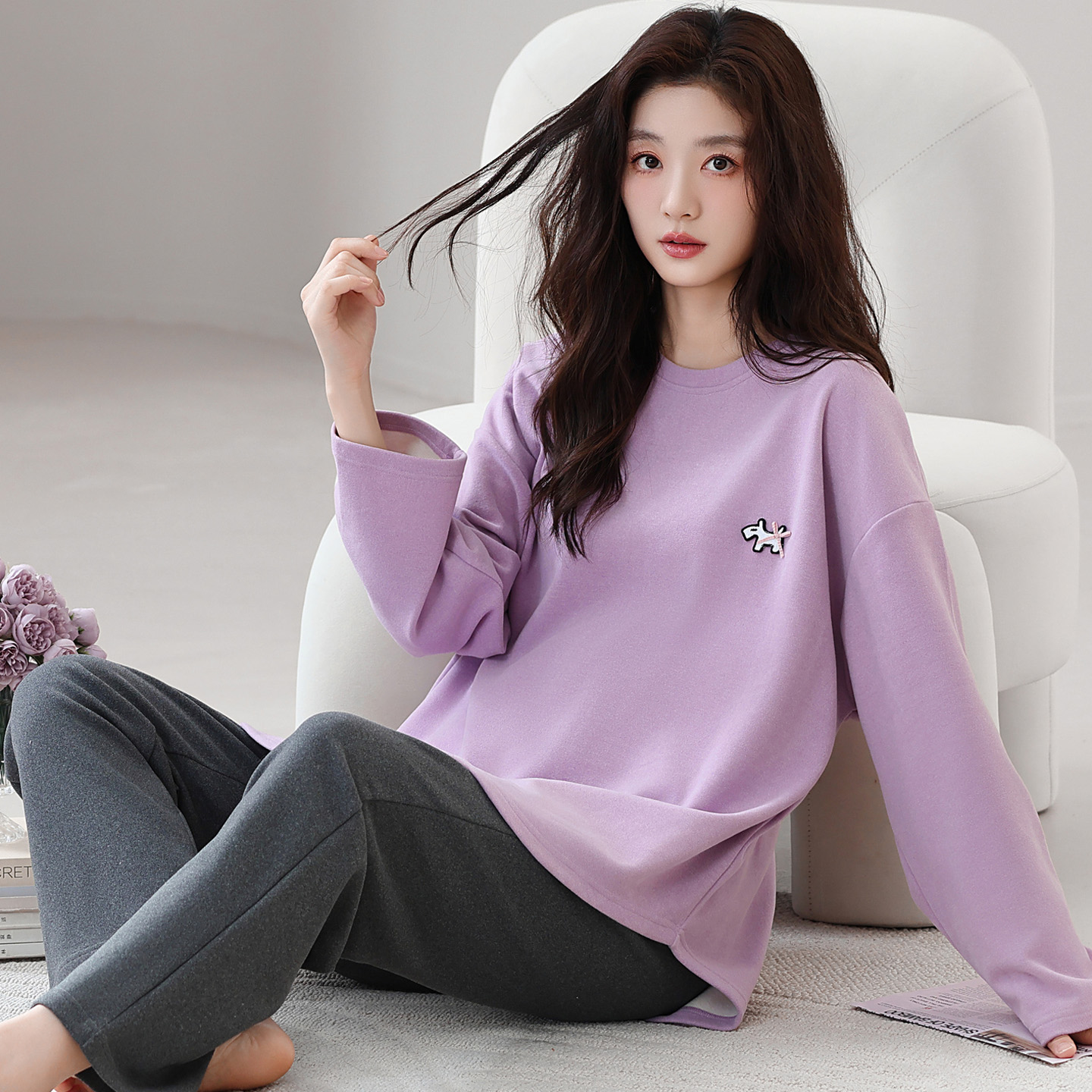 长袖保暖睡衣套装羊毛蚕丝德绒女