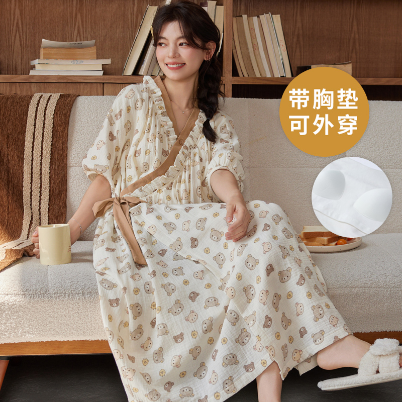 夏季自带胸垫和服开衫睡袍日系女家居服浴袍云朵棉可外穿薄款高级