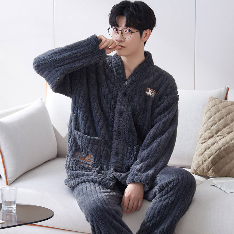 珊瑚绒开衫睡衣套装法兰绒和服男