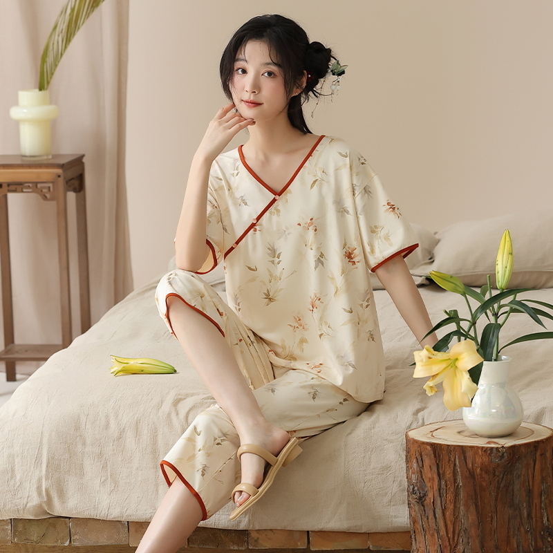 夏季短袖睡衣套装棉女士薄款夏天新中式国风七分裤可外穿家居服