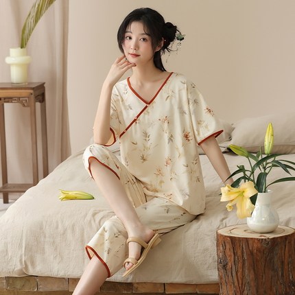 夏季短袖睡衣套装休闲女士薄款夏天新中式国风七分裤可外穿家居服