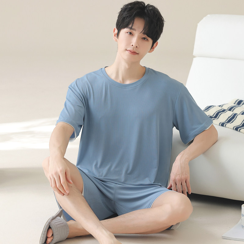 男士夏季冰丝短袖睡衣套装大码可外穿薄款家居服青少年学生韩版