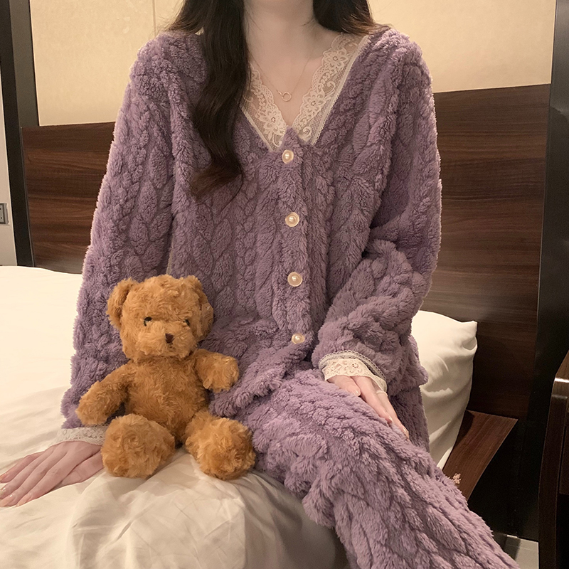 法兰绒开衫保暖睡衣套装家居服女