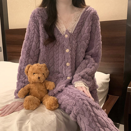 秋冬季法兰绒开衫保暖睡衣套装女珊瑚绒加绒加厚韩版家居服春天