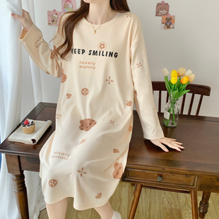 春秋季睡衣女士大码学生韩版可爱长袖中长款睡裙夏冬可外穿家居服