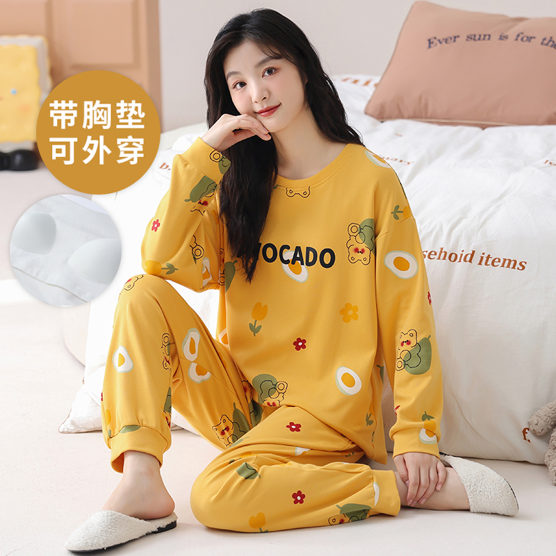 长袖睡衣套装女自带胸垫一体学生