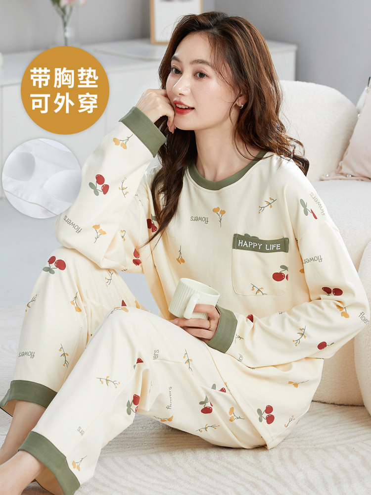 SPRING AND AUTUMN PAJAMAS WOMENS COTTON CUTE SELF-CONTAINED CHEST PAD ALL-IN-ONE SET PLUS SIZE STUDENT SUMMER AND WINTER LONG SLEEVE LOUNGEWEAR