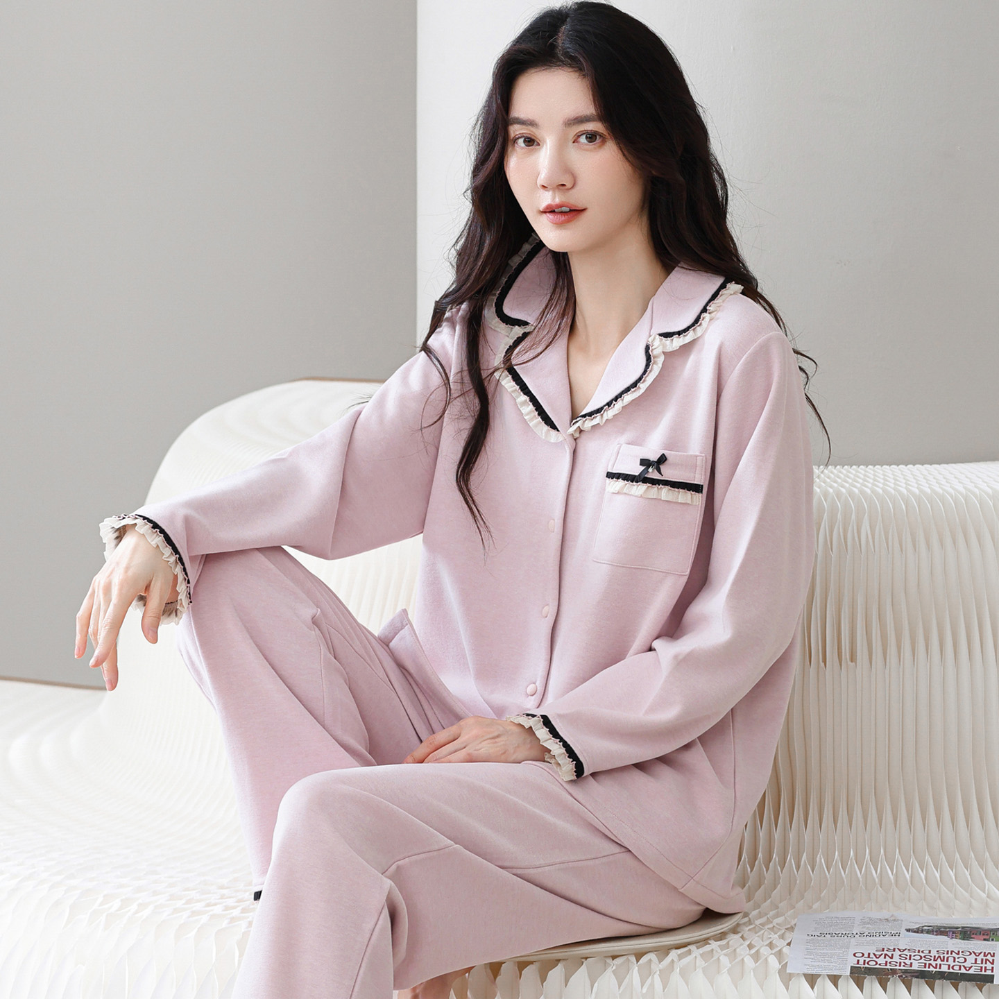 羊毛蚕丝德绒长袖睡衣套装女保暖