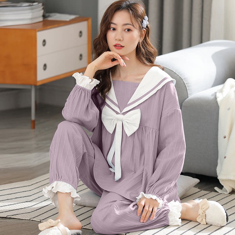春秋季睡衣女款薄款可爱大码长袖可外穿学生套装韩版冬夏天家居服