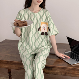 韩版运动睡衣套装条纹短袖长裤家居服大码薄款可外穿学生夏季女士