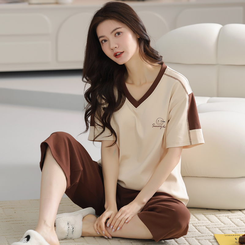 100%全棉短袖睡衣套装夏季七分裤纯棉女家居服薄款休闲可外穿春秋