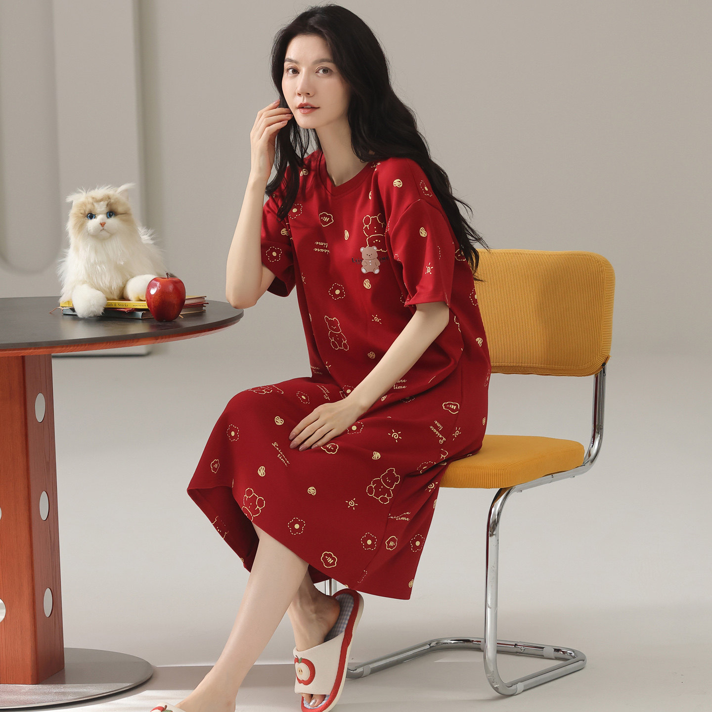 女士100%纯棉短袖中长款全棉睡裙