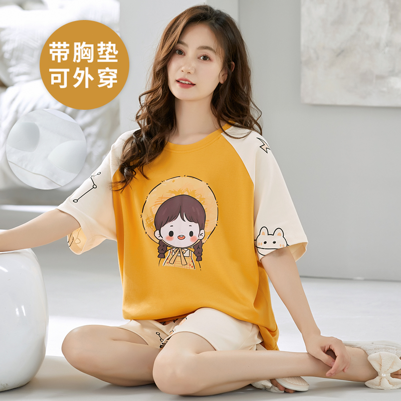 夏季短袖大码睡衣套装自带胸垫