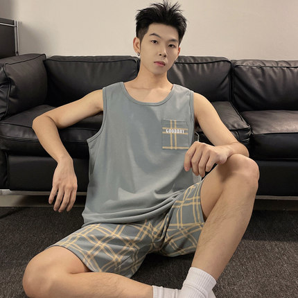 夏季男士无袖背心睡衣两件套装纯棉薄款家居服吊带夏天加肥加大码