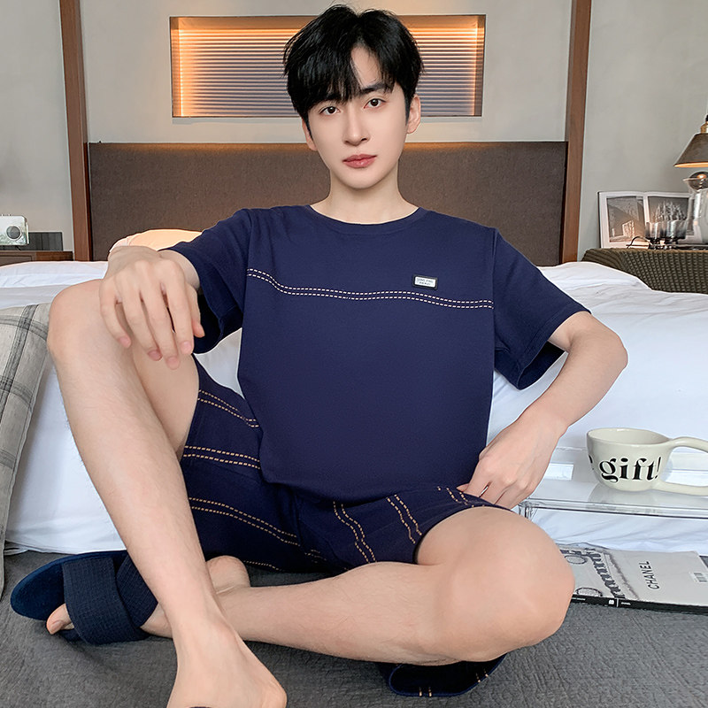 夏季条纹长袖睡衣套装男士大码韩版家居服薄款春秋可外穿休闲运动