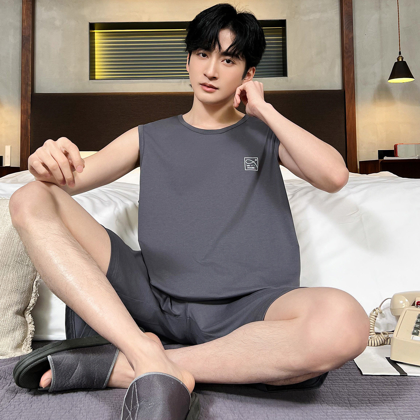 100%纯棉男士夏季背心短裤家居服